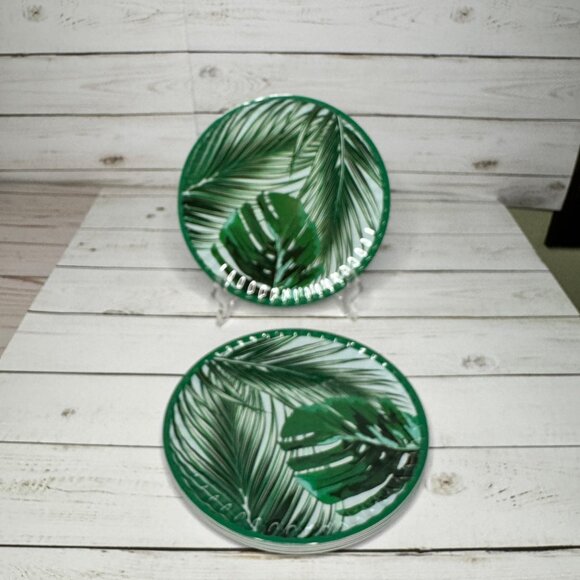 Green Palm Leaf Melamine Salad Lunch Plates Set Of 2 9" Tropical Beach Cottage - Picture 1 of 5